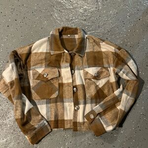 Brown and White Plaid Button-Up Shirt